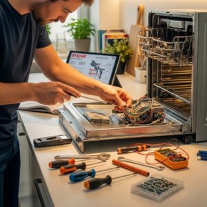 DIY enthusiast repairing an appliance in a bright kitchen, showcasing tools and hands-on maintenance