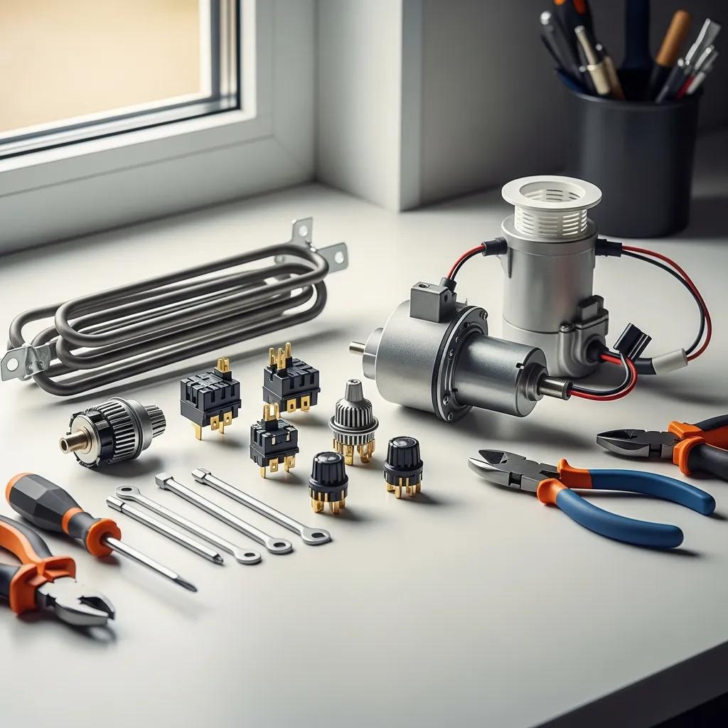 Common replacement parts on a workbench — heating elements, thermostats, and pumps