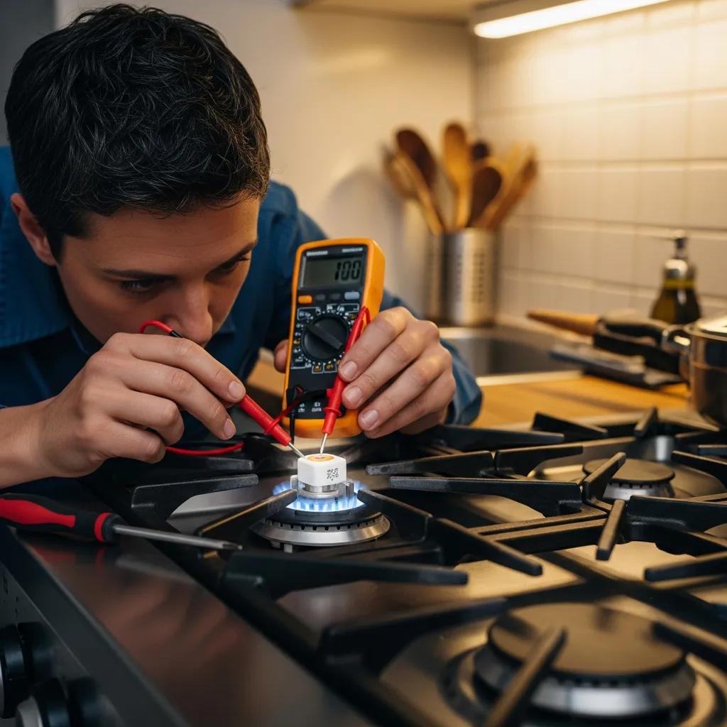 Technician checking a gas range igniter with tools