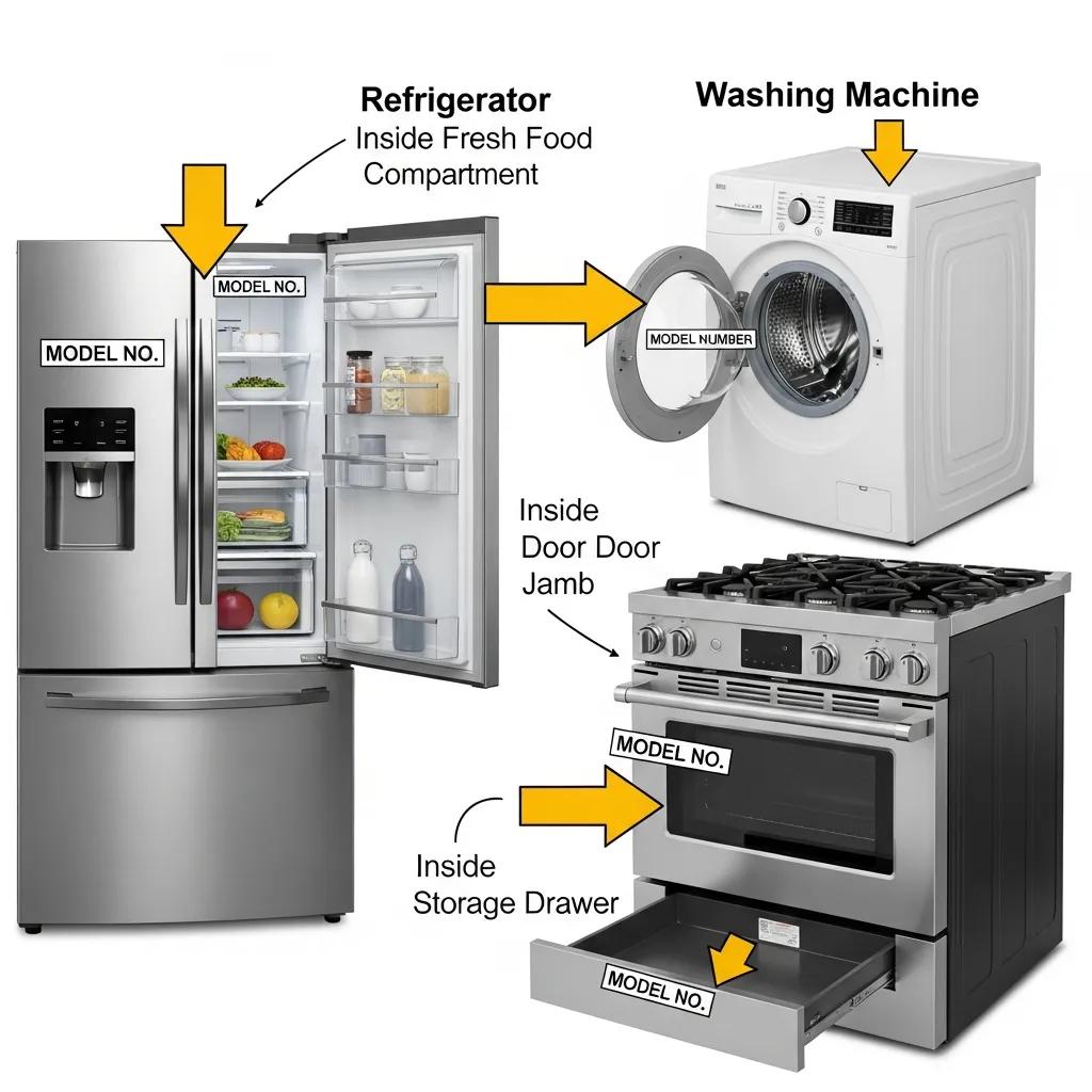 Visual guide showing locations of model numbers on a refrigerator, washer, and oven for easy identification