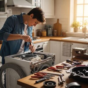 Person repairing a household appliance in a bright kitchen, emphasizing DIY repair benefits