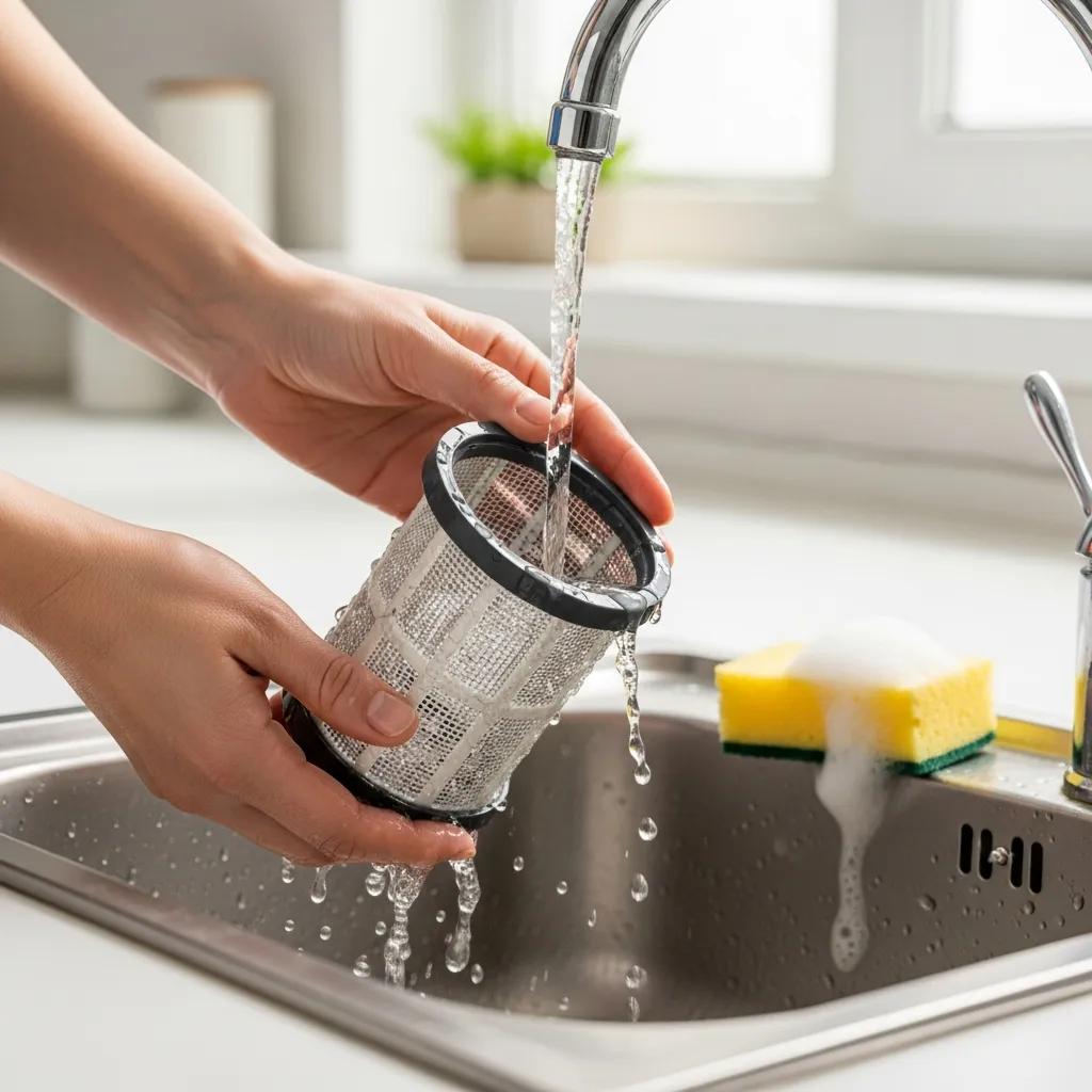 Hand cleaning a dishwasher filter under running water — simple maintenance step