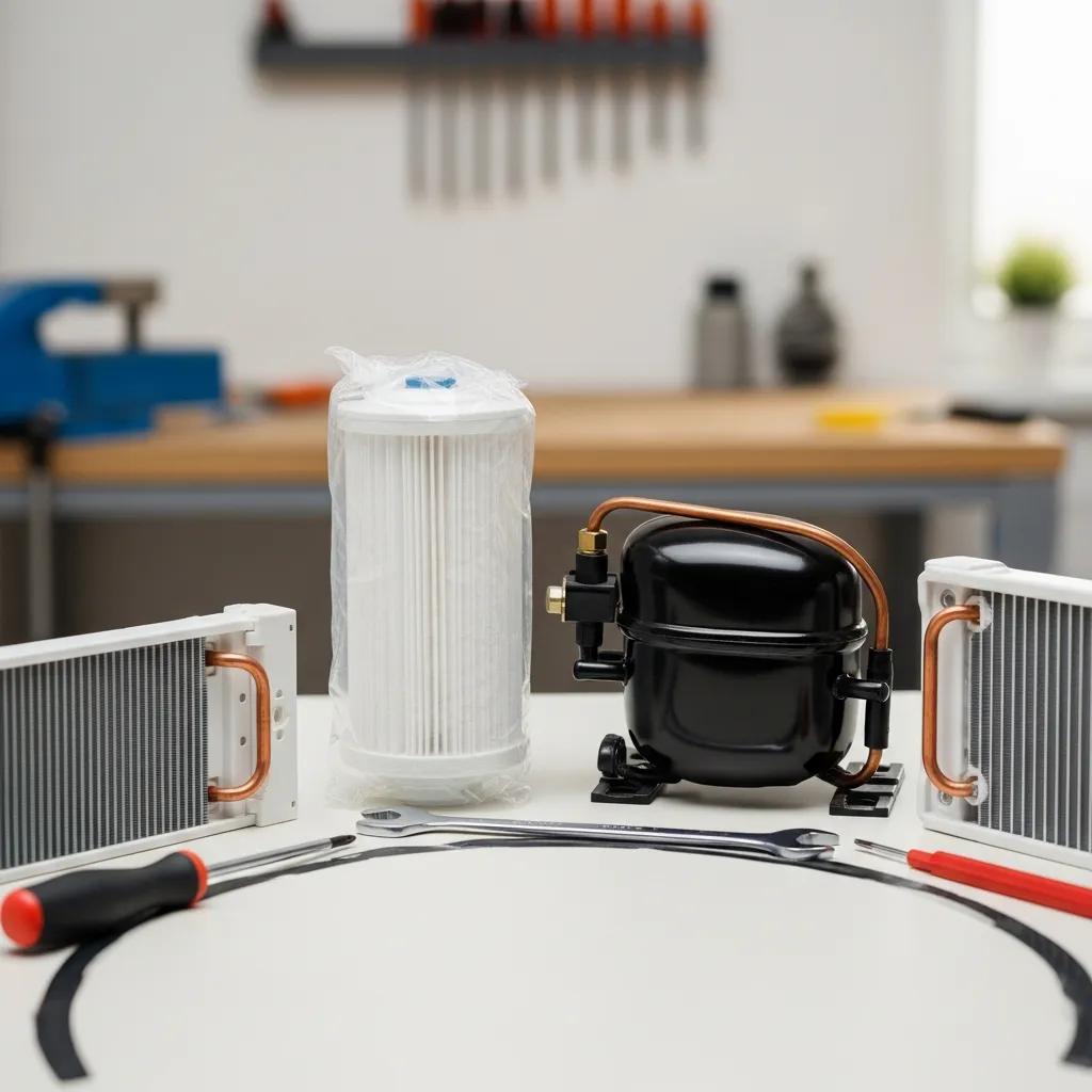 Essential refrigerator parts including water filters and compressors for effective repairs