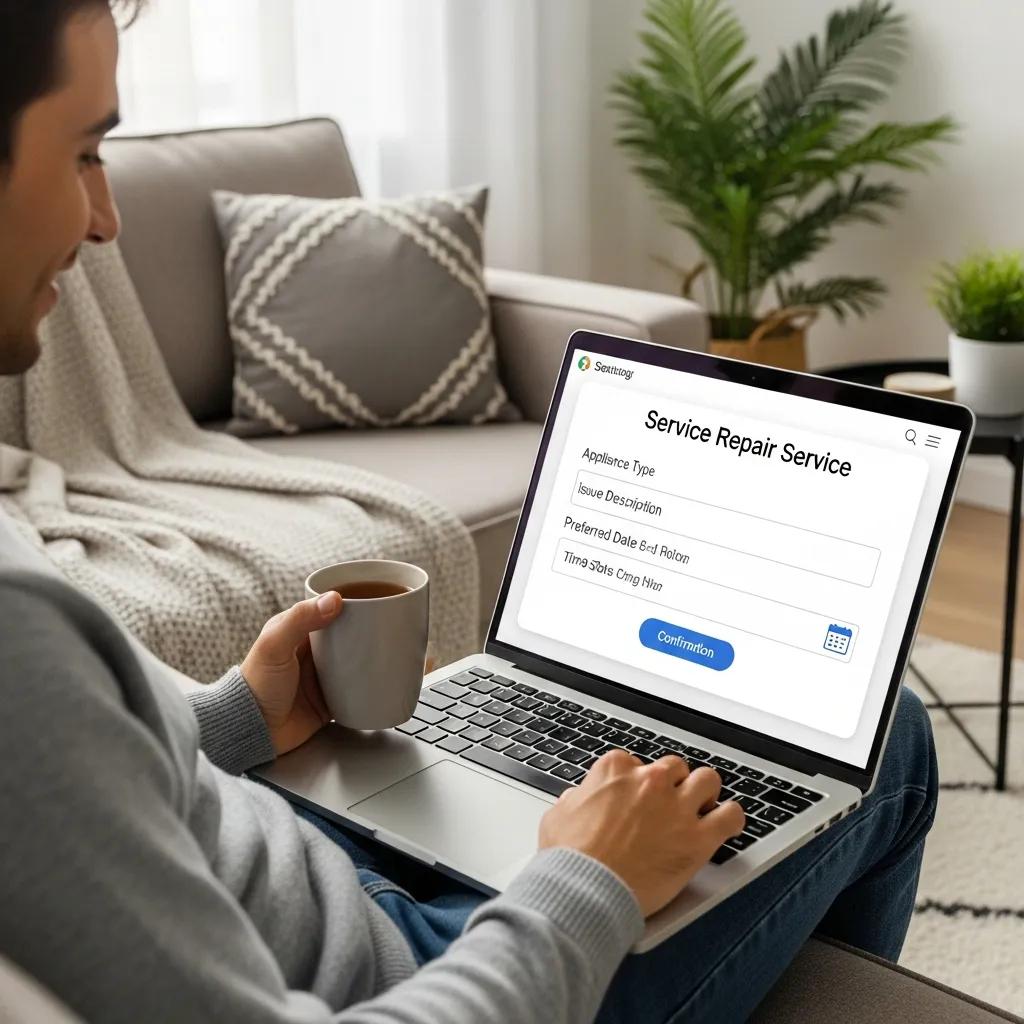 Person booking an appliance repair service online, illustrating the step-by-step process for scheduling repairs
