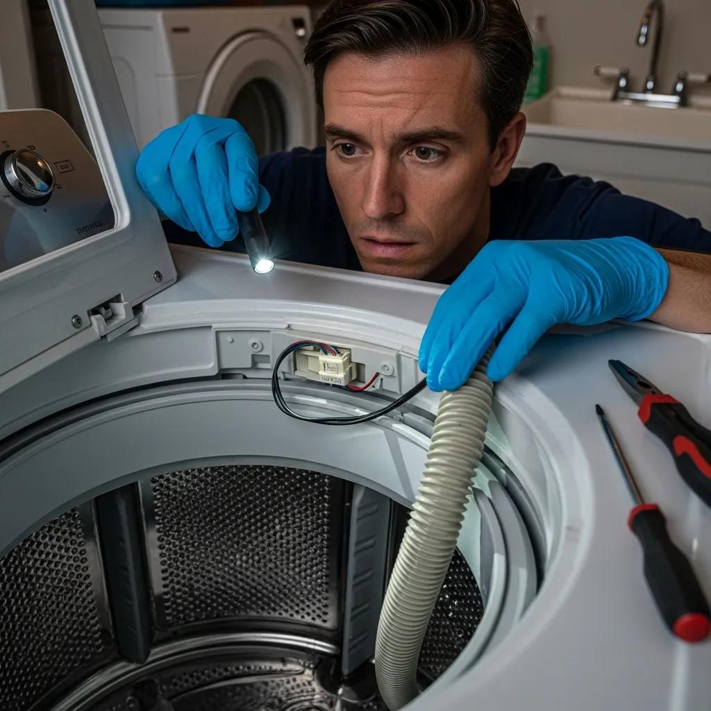 Person inspecting washing machine components for troubleshooting spin and drain issues