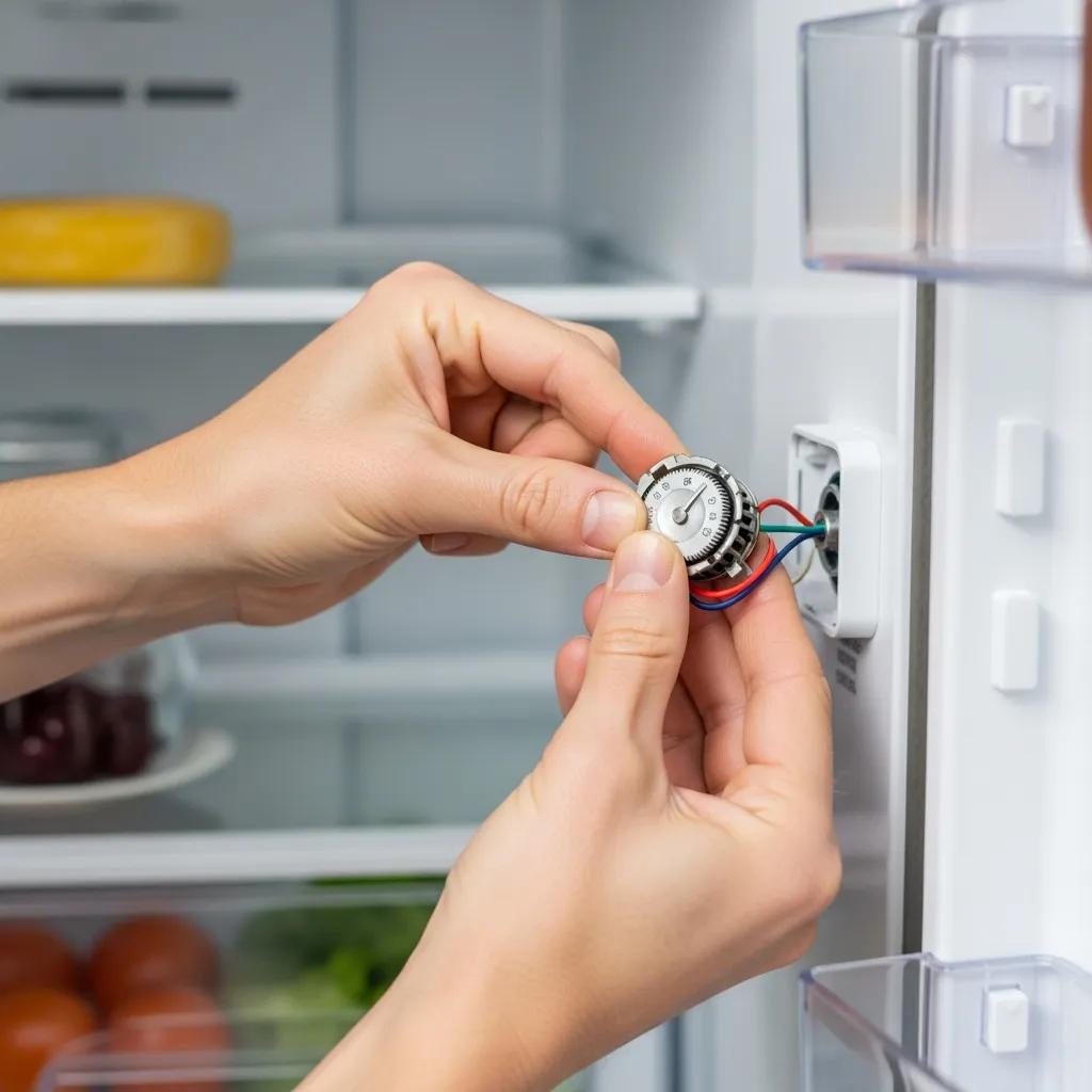 Person replacing a fridge thermostat, illustrating DIY repair techniques