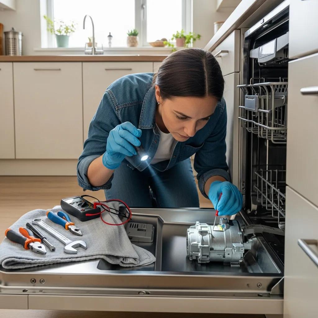 Technician or homeowner checking a dishwasher drain pump under bright kitchen light