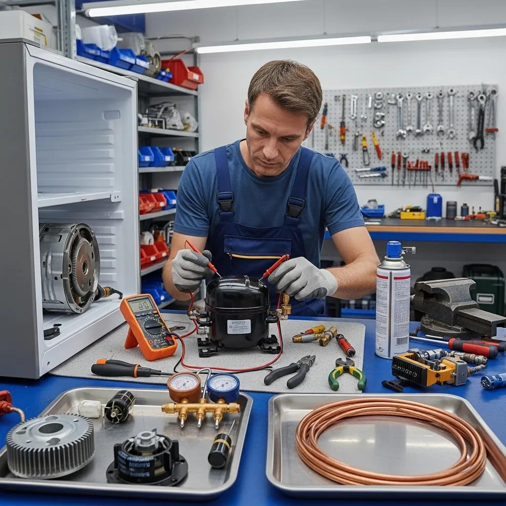 Technician examining a fridge compressor, highlighting repair processes and components