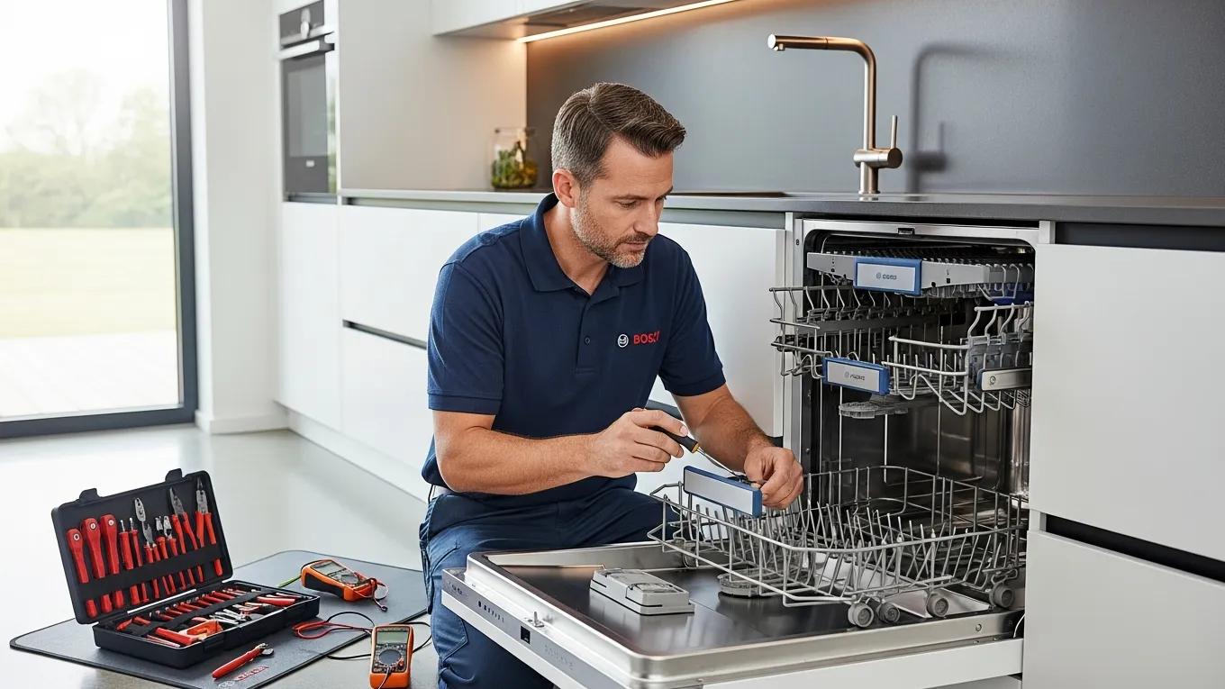 Bosch appliance repair technician working on a dishwasher in a modern kitchen