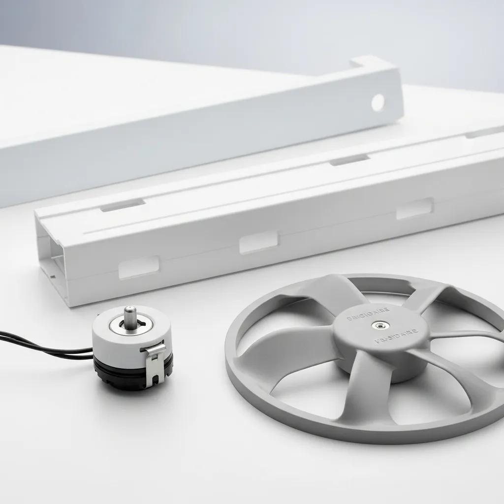 Close-up of genuine Frigidaire appliance parts including crisper support and defrost thermostat