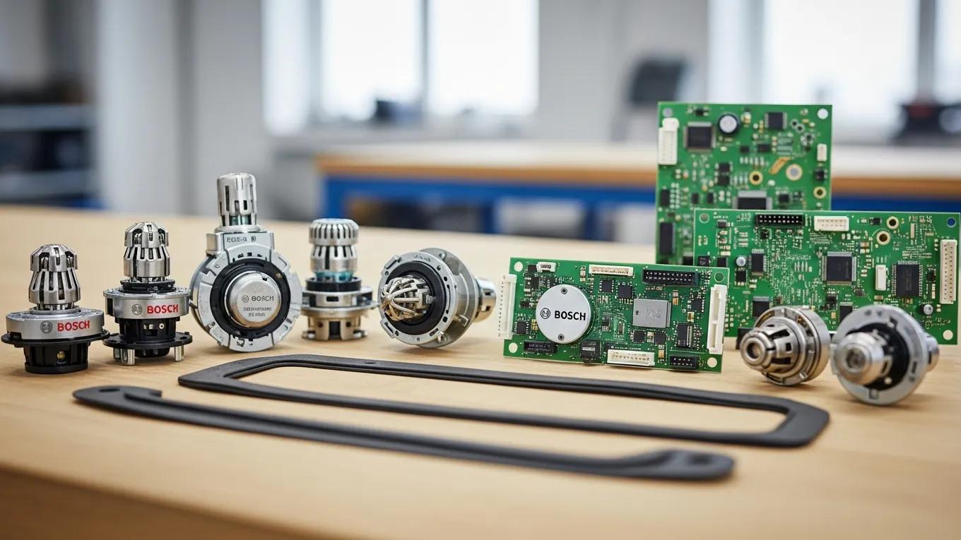 Genuine Bosch appliance parts including thermostats, door gaskets, and control boards on a workbench