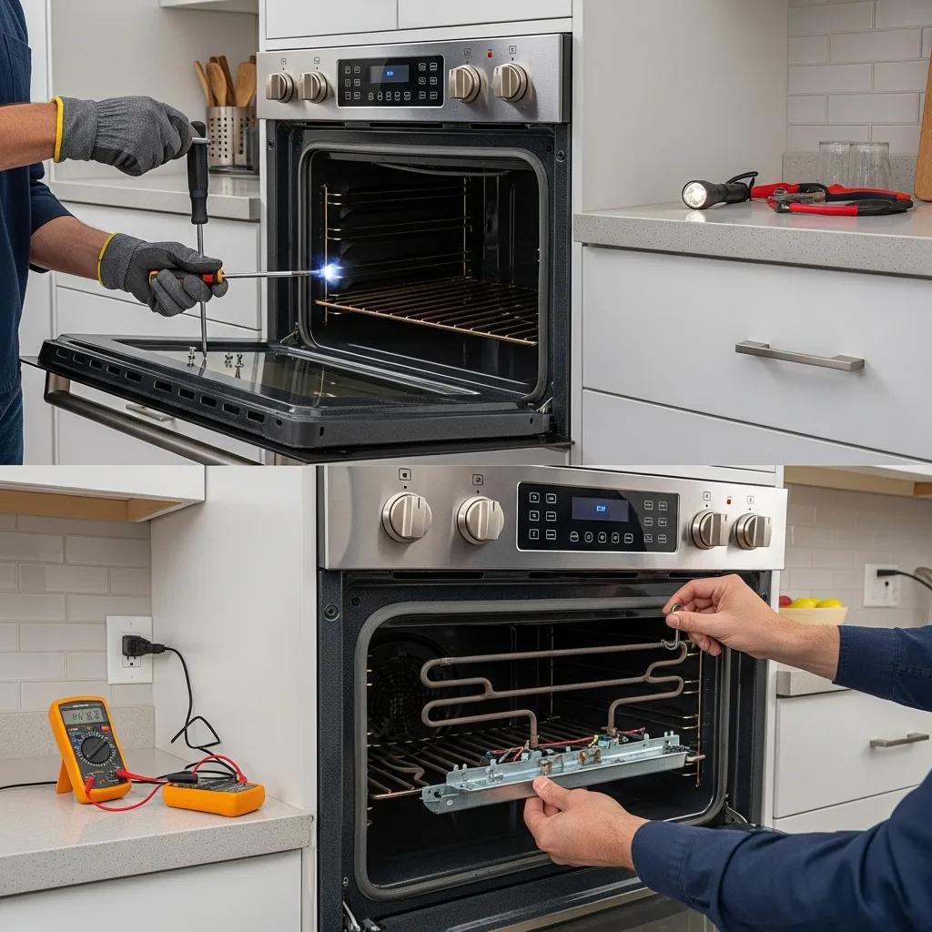 Person replacing a Frigidaire oven heating element, demonstrating DIY repair steps