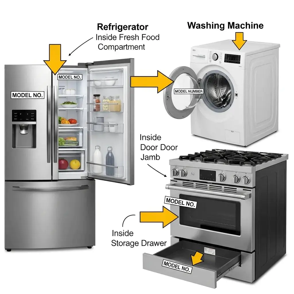 Visual guide showing locations of model numbers on a refrigerator, washer, and oven for easy identification