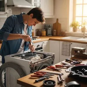 Person repairing a household appliance in a bright kitchen, emphasizing DIY repair benefits