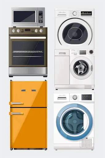 Microwave, oven, washing machine, and refrigerator showcasing common household appliances relevant to repair or replacement decisions for DIY homeowners.