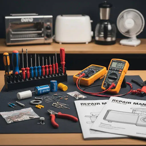 DIY repair tools and supplies including screwdrivers, multimeters, and repair manuals on a workbench, representing U-FIX-IT solutions for appliance repairs.