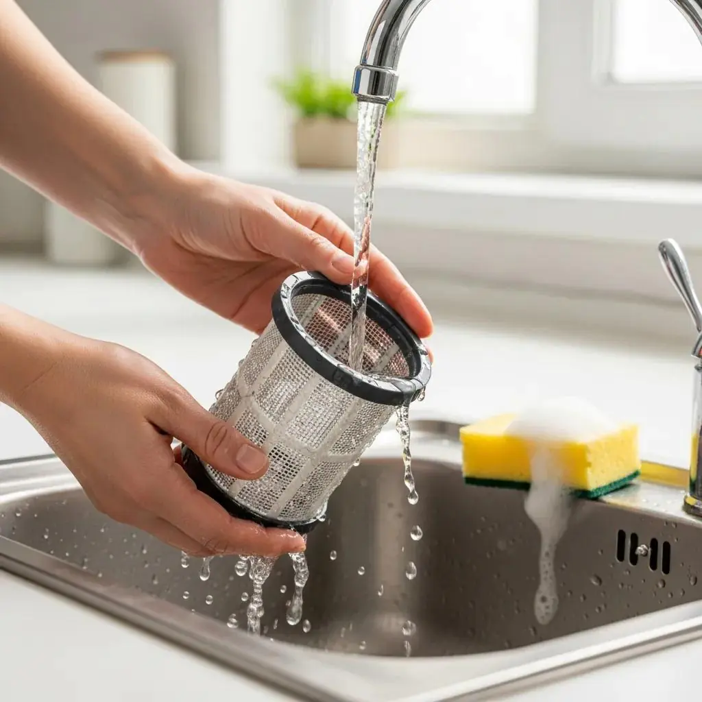 Hand cleaning a dishwasher filter under running water — simple maintenance step