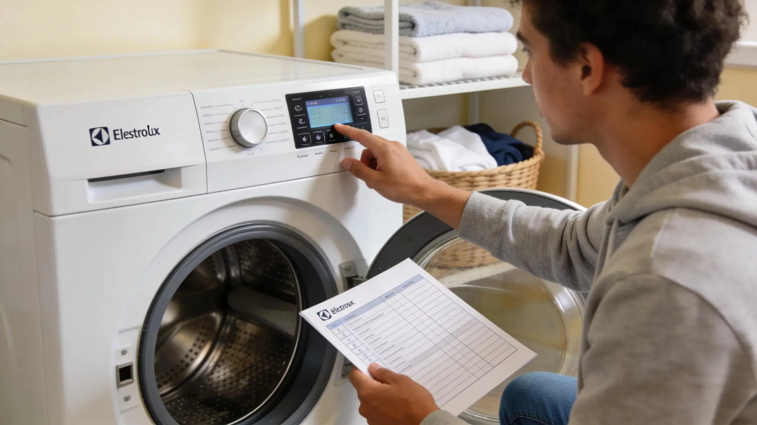 Close-up of a person troubleshooting an Electrolux washing machine in a tidy laundry room
