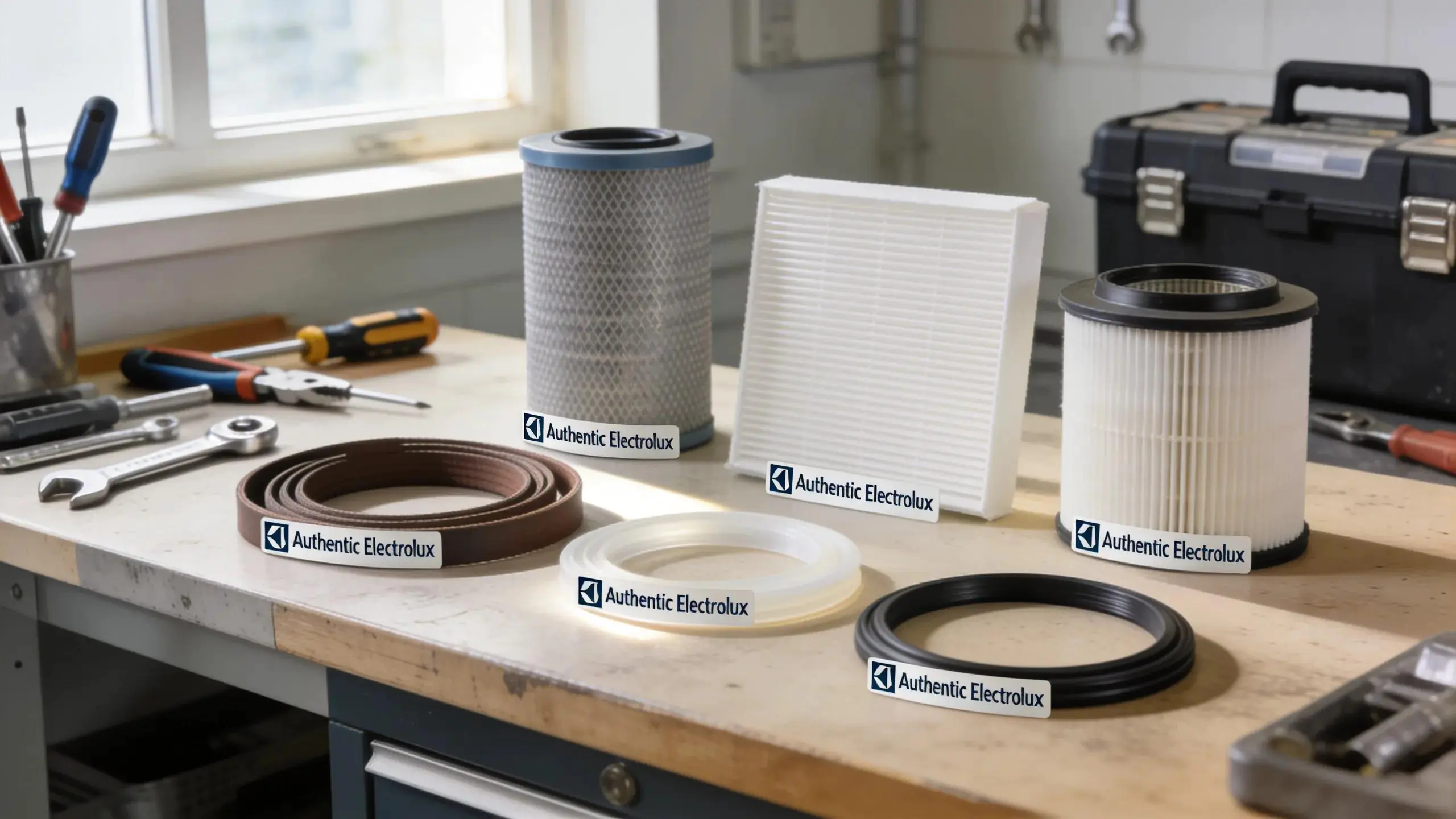 Display of genuine Electrolux replacement parts on a workbench with tools in a repair environment