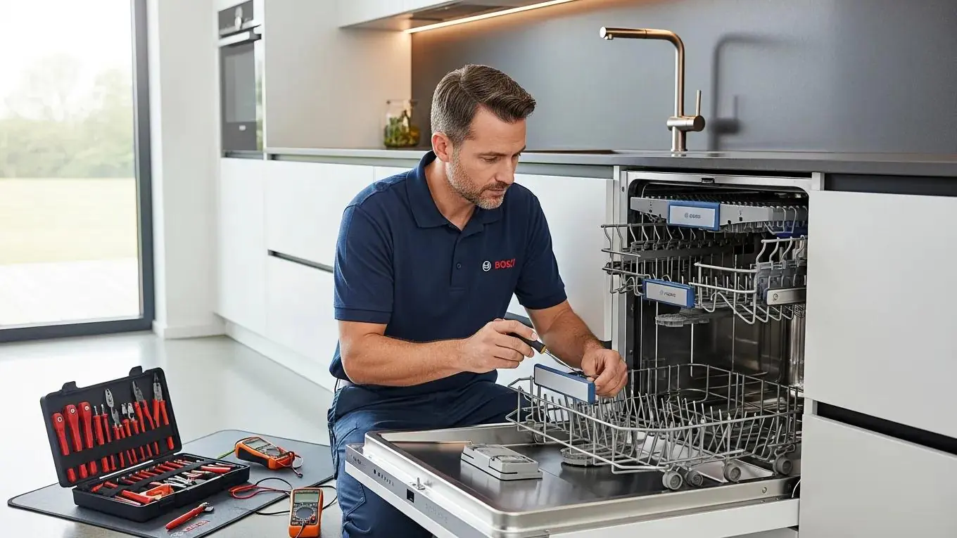 Bosch appliance repair technician working on a dishwasher in a modern kitchen